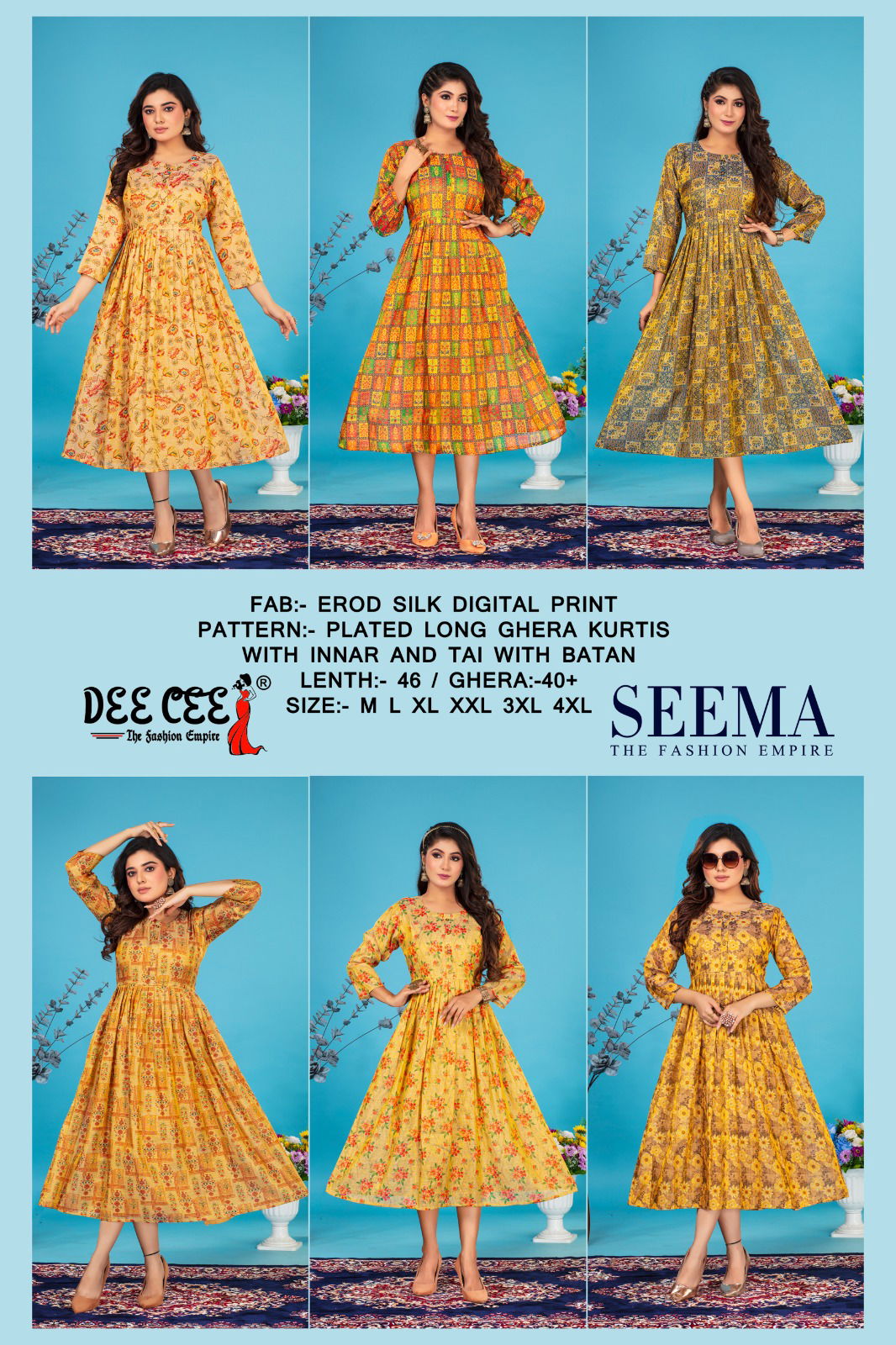 Seema By Deecee Long Ghera Silk Digital Printed Kurtis Wholesale Clothing Suppliers In India